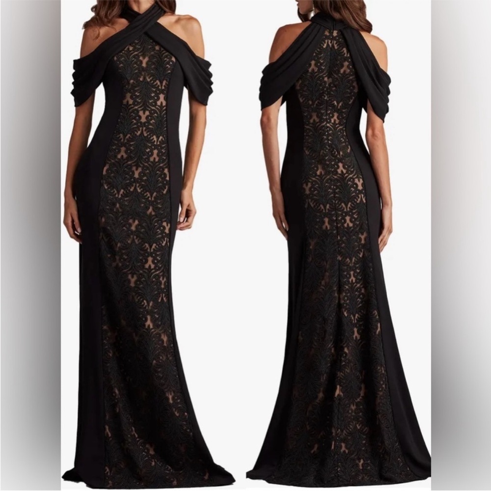 NEW Tadashi Shoji KATO Lace Inset Cold-Shoulder CDY24230L-BK/ND black Gown